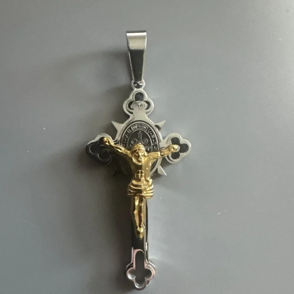 Stainless Steel Saint St. Benedict Crucifix Cross Pendants Necklace INRI Chain